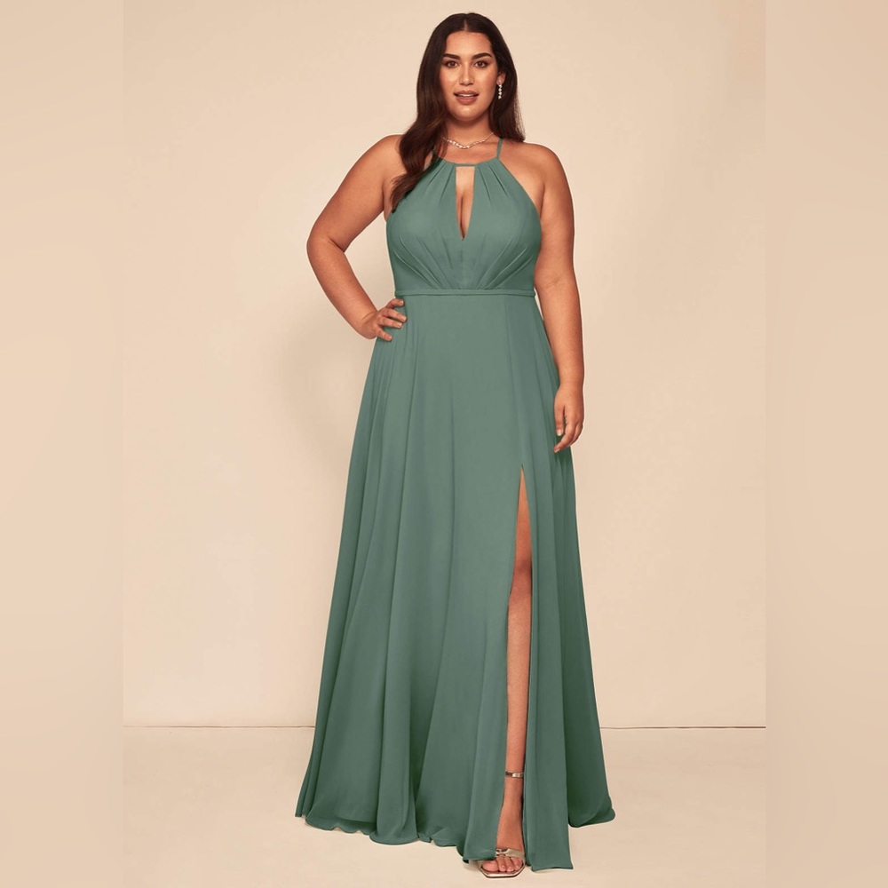 Azazie Evalleen Eucalyptus bridesmaid dress.